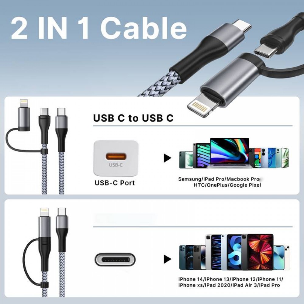 Ladekabel 2 in 1 (USB-C auf USB-C + Lightning) für iPhone 15 und vorherige Modelle - Schwarz