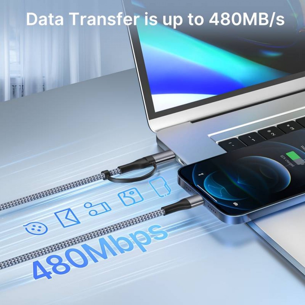 Ladekabel 2 in 1 (USB-C auf USB-C + Lightning) für iPhone 15 und vorherige Modelle - Schwarz