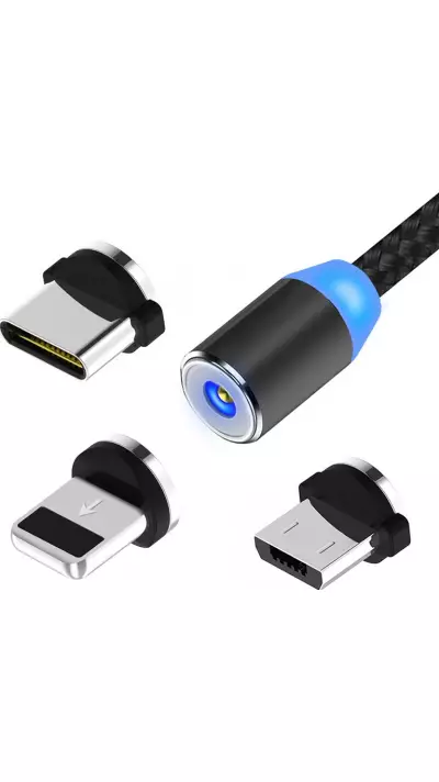 3 in 1 Universal LED Ladekabel Nylon USB-C - Lightning - Micro-USB - Schwarz