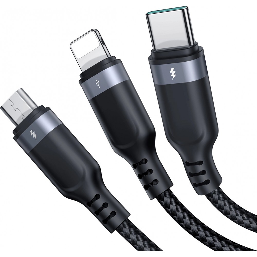 Câble multiple 3 en 1 Nylon USB-A vers Lightning / USB-C / micro USB - Joyroom Multi-Usage S-A18 (30 cm) - Noir