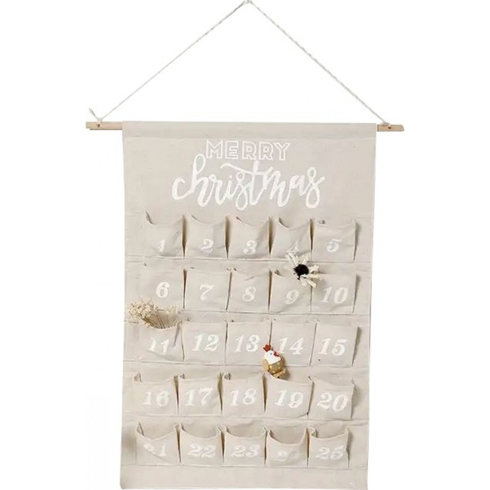 Calendrier Avent Merry Christmas avec poches 1 à 24 en tissu à suspendre