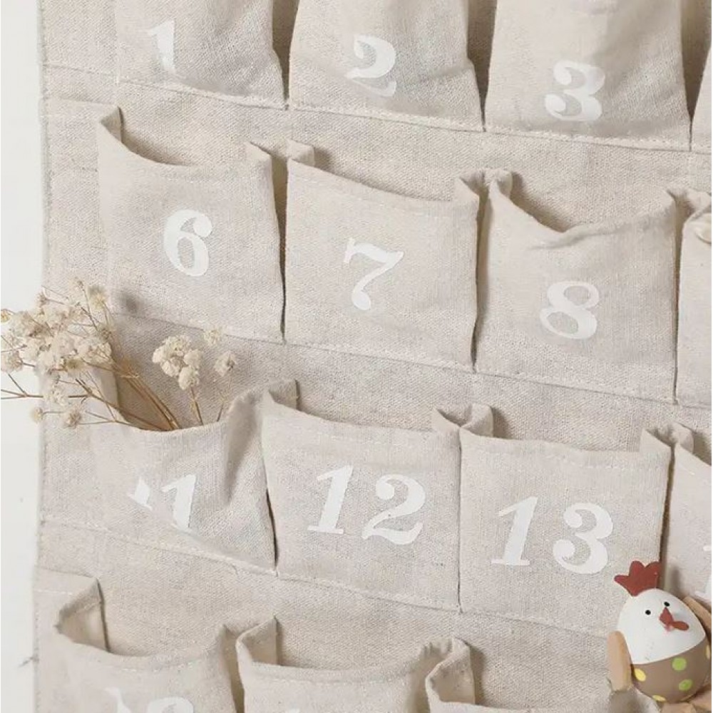 Calendrier Avent Merry Christmas avec poches 1 à 24 en tissu à suspendre