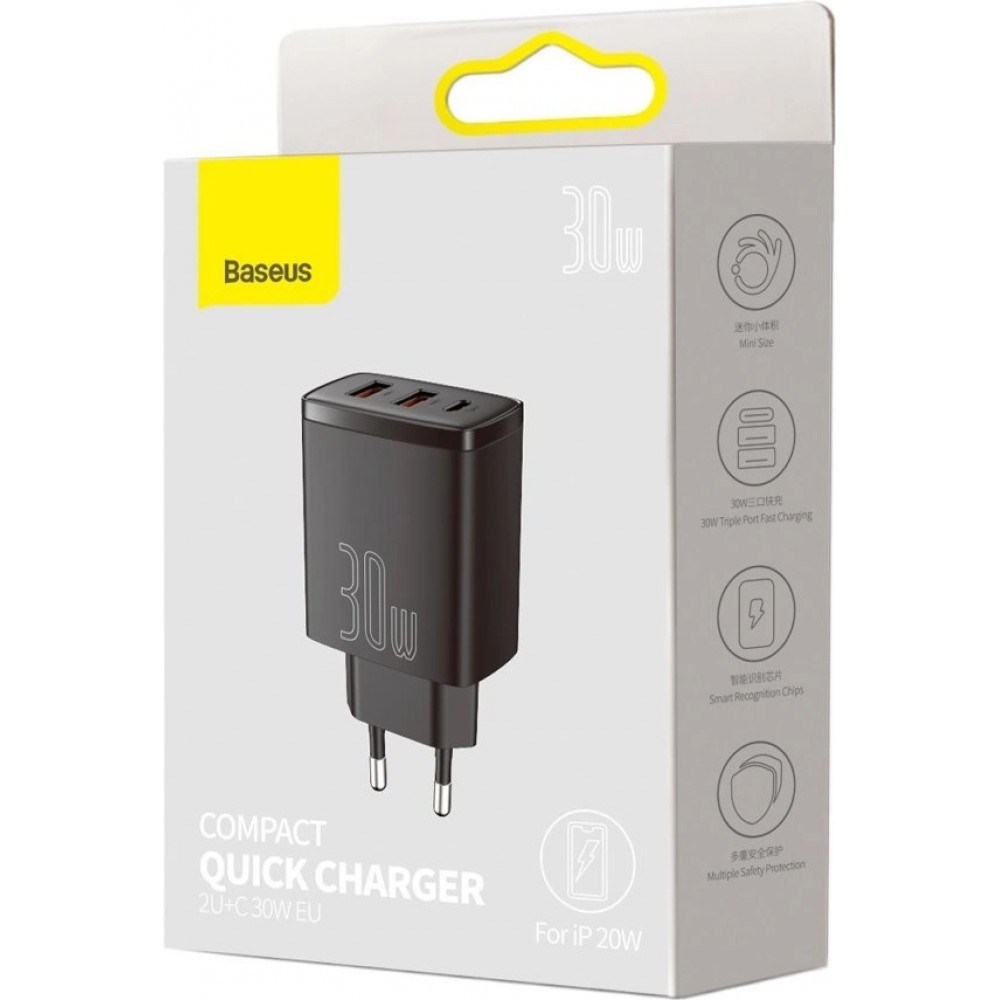 Chargeur Rapide Compact Baseus 30W 2x USB USB Type C Power Delivery Quick Charge 3A - Noir