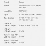 Chargeur Rapide Compact Baseus 30W 2x USB USB Type C Power Delivery Quick Charge 3A - Noir