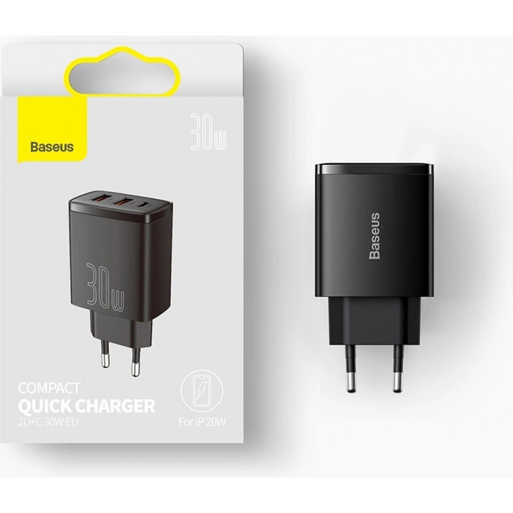 Chargeur Rapide Compact Baseus 30W 2x USB USB Type C Power Delivery Quick Charge 3A - Noir
