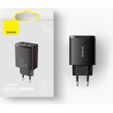 Chargeur Rapide Compact Baseus 30W 2x USB USB Type C Power Delivery Quick Charge 3A - Noir