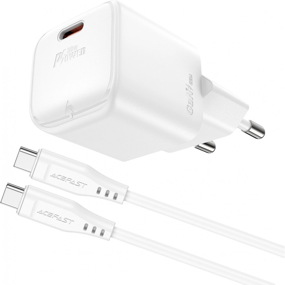 Acefast A77 Mini PD 30W GaN Wandladegerät USB-C Kabel Schnellladung - Weiss
