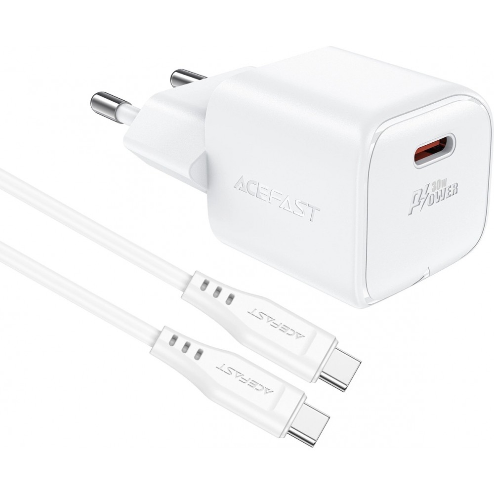 Acefast A77 Mini PD 30W GaN Wandladegerät USB-C Kabel Schnellladung - Weiss