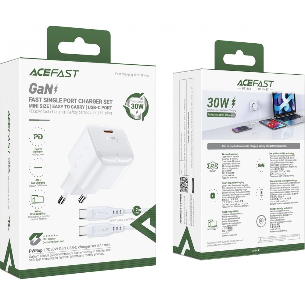Acefast A77 Mini PD 30W GaN Wandladegerät USB-C Kabel Schnellladung - Weiss
