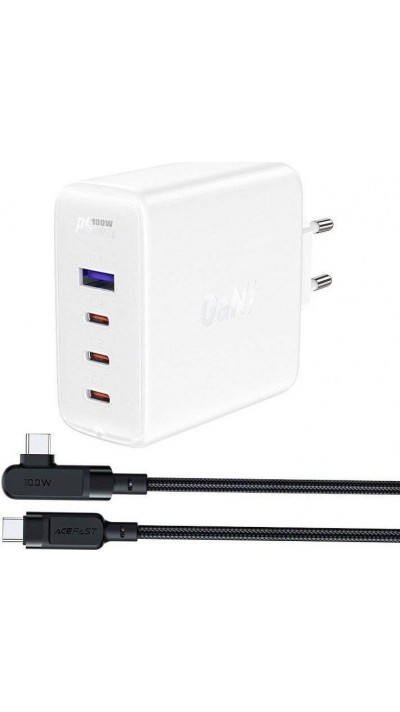 Chargeur rapide Acefast 100W GaN (3x USB-C / 1x USB-A) avec câble anglé USB-C 100W (2 m) - Blanc