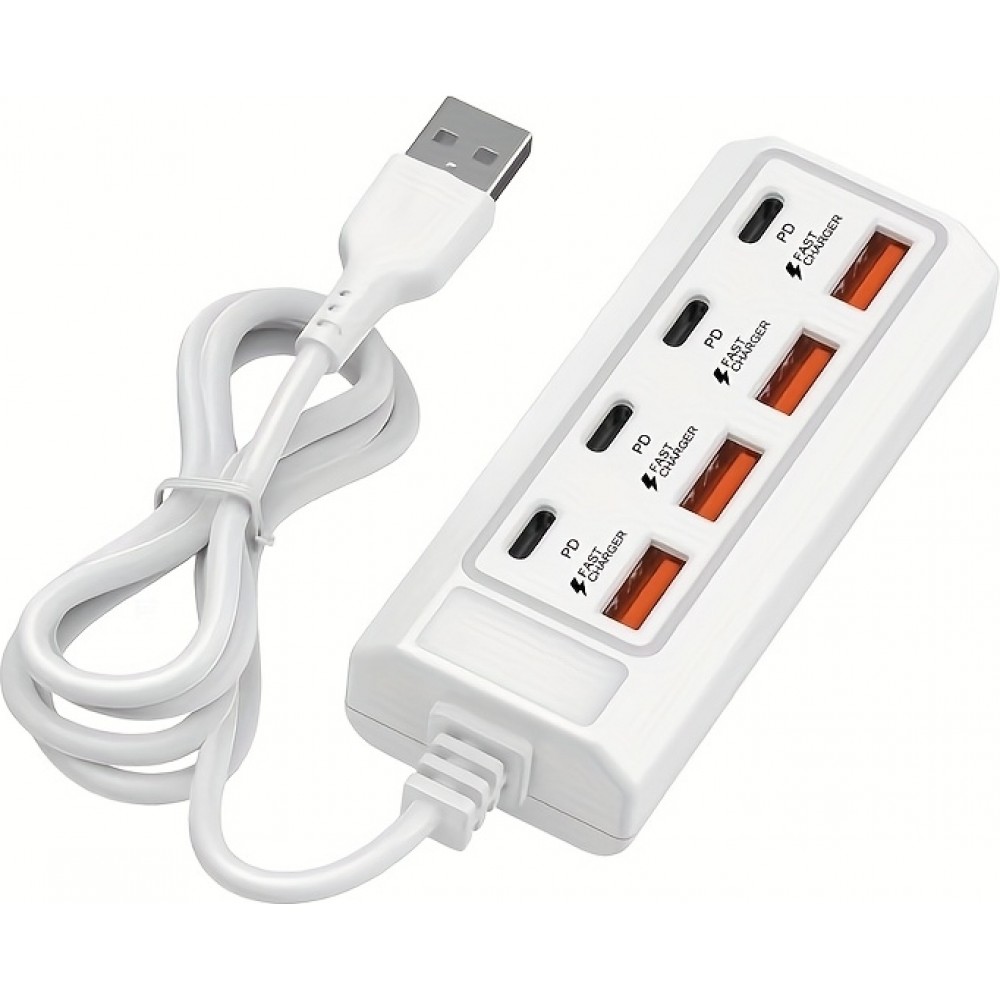 Chargeur rapide hub 8 ports USB (4x USB-A / 4x USB-C) 25W pour téléphone portable et tablette multi-appareils - Blanc