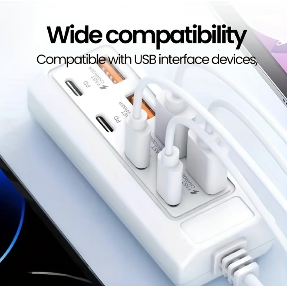 Chargeur rapide hub 8 ports USB (4x USB-A / 4x USB-C) 25W pour téléphone portable et tablette multi-appareils - Blanc