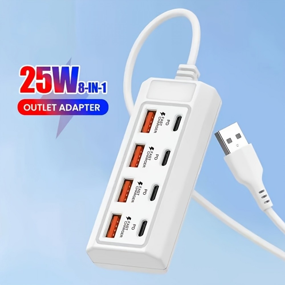 Chargeur rapide hub 8 ports USB (4x USB-A / 4x USB-C) 25W pour téléphone portable et tablette multi-appareils - Blanc
