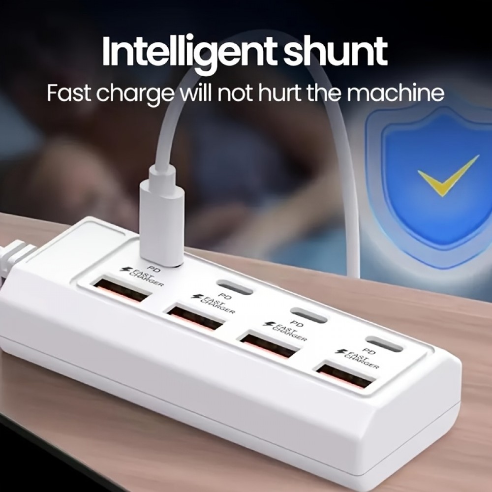 Chargeur rapide hub 8 ports USB (4x USB-A / 4x USB-C) 25W pour téléphone portable et tablette multi-appareils - Blanc