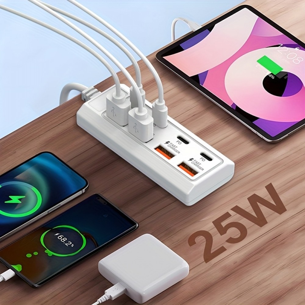 Chargeur rapide hub 8 ports USB (4x USB-A / 4x USB-C) 25W pour téléphone portable et tablette multi-appareils - Blanc