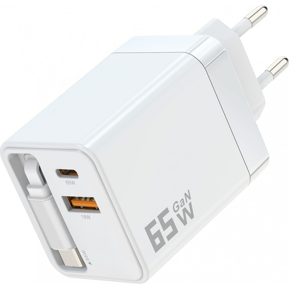 Schnellladegerät Multiport PD 65W mit integriertem USB-C-Kabel - Weiß