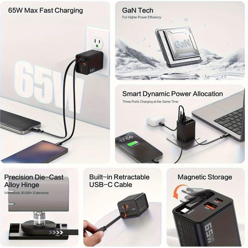 Schnellladegerät Multiport PD 65W mit integriertem USB-C-Kabel - Weiß