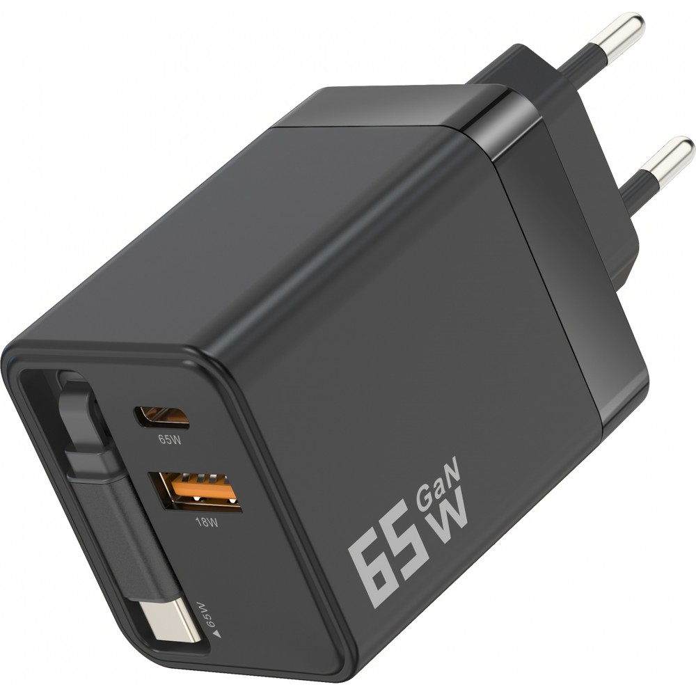 Schnellladegerät Multiport PD 65W mit integriertem USB-C-Kabel - Schwarz
