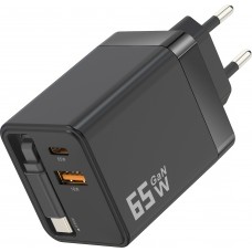 Schnellladegerät Multiport PD 65W mit integriertem USB-C-Kabel - Schwarz