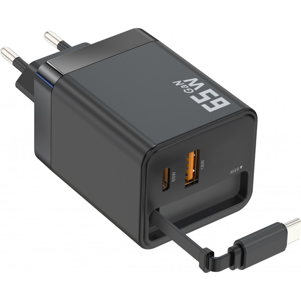 Schnellladegerät Multiport PD 65W mit integriertem USB-C-Kabel - Schwarz