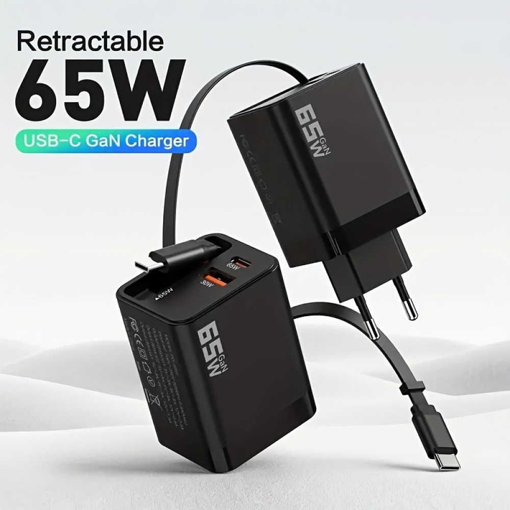 Schnellladegerät Multiport PD 65W mit integriertem USB-C-Kabel - Schwarz