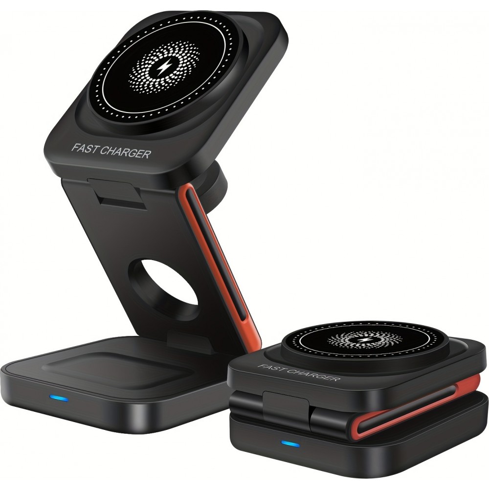 Chargeur sans fil magn&eacute;tique 3 en 1 15W support pliable pour iPhone / Apple Watch / AirPods avec port USB-C - Noir