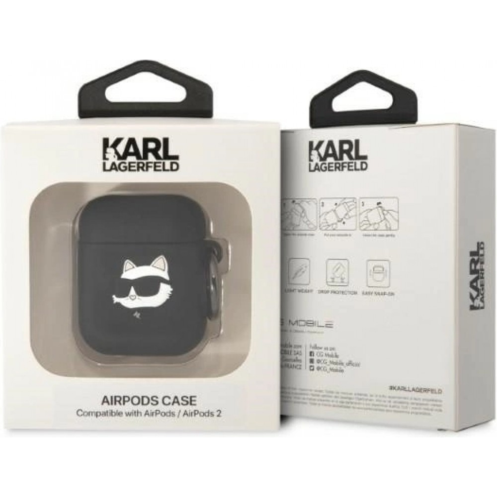 AirPods 1 / 2 Case H&uuml;lle - Karl Lagerfeld KLA2RUNCHK Silikon 3D Choupette - Schwarz