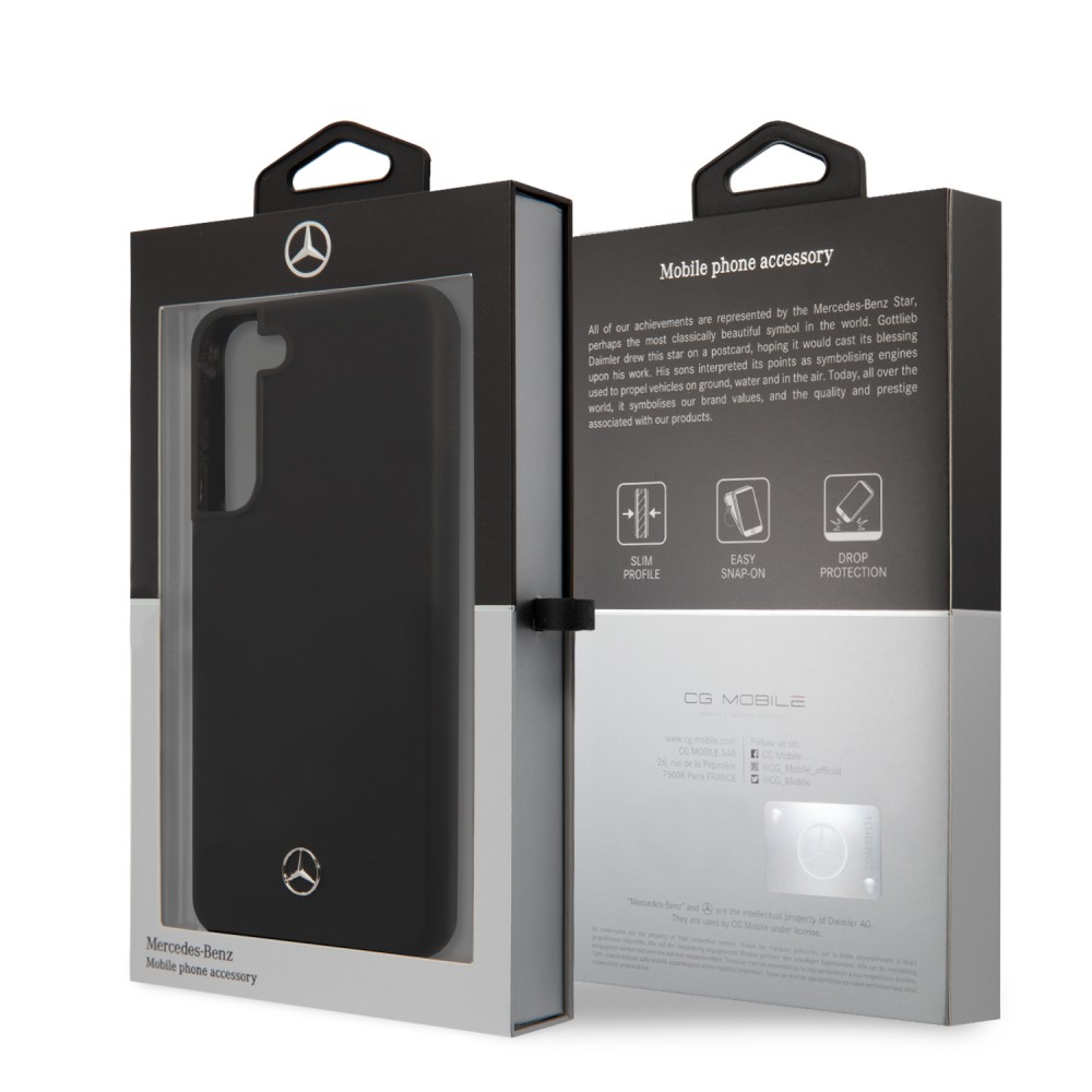 Coque Samsung Galaxy S22+ - Mercedes officielle en silicone soft touch et logo métallique en relief - Noir