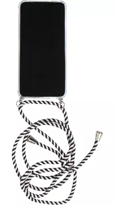 Coque iPhone 16e - Gel transparent avec lacet - Blanc / noir