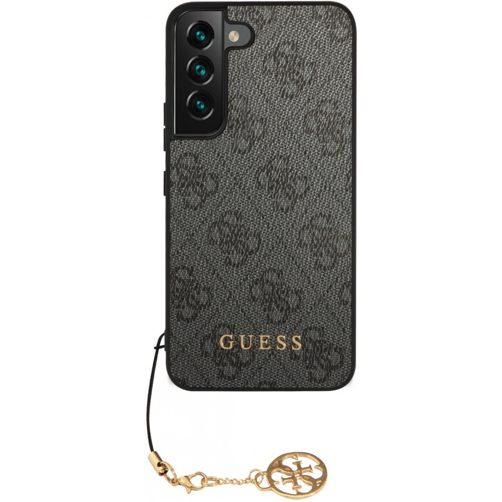 Coque Samsung Galaxy A55 5G - Guess toile similicuir monogramme logo métallique doré avec pendentif charm - Noir