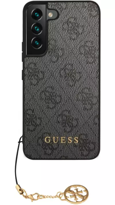Coque Samsung Galaxy A35 5G - Guess toile similicuir monogramme logo métallique doré avec pendentif charm - Noir
