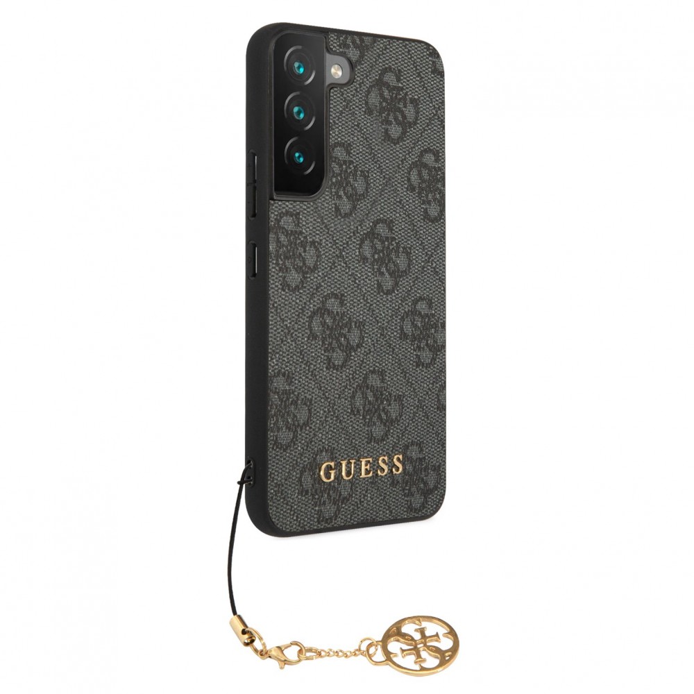 Coque Samsung Galaxy A55 5G - Guess toile similicuir monogramme logo métallique doré avec pendentif charm - Noir