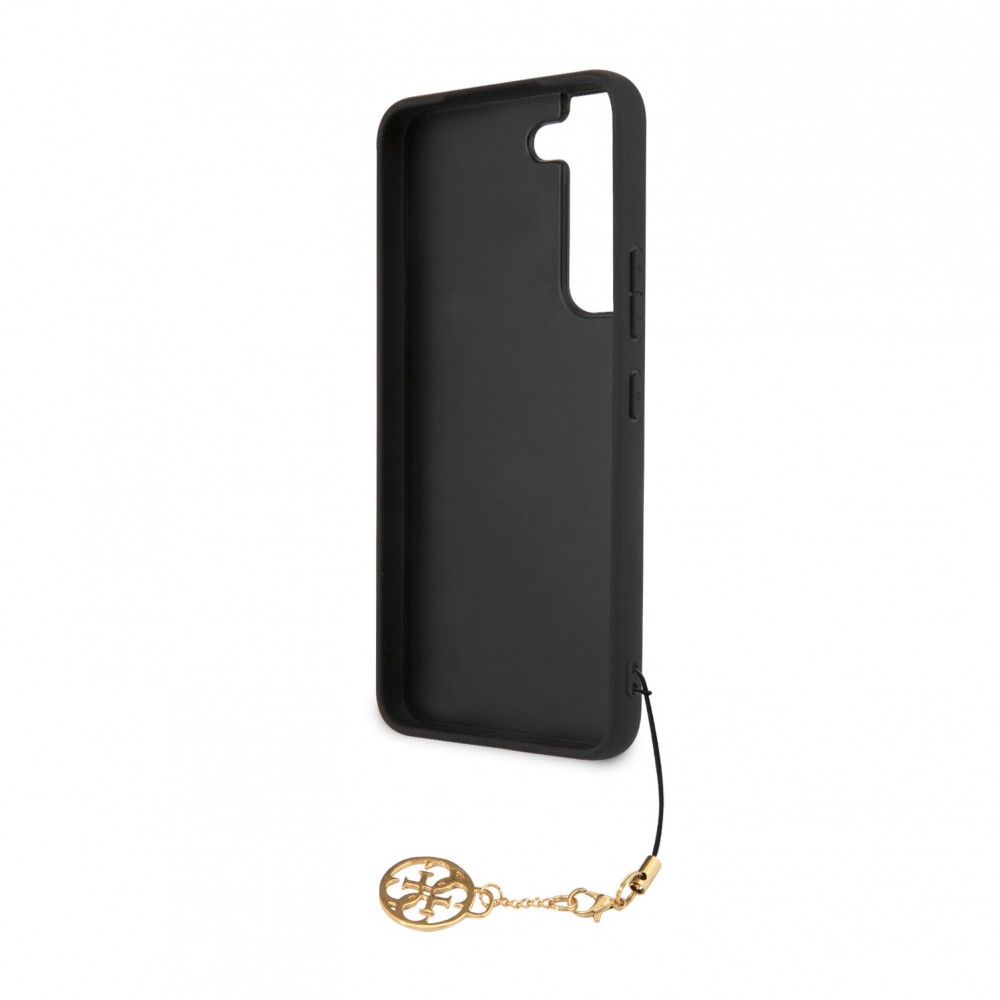 Coque Samsung Galaxy A55 5G - Guess toile similicuir monogramme logo métallique doré avec pendentif charm - Noir