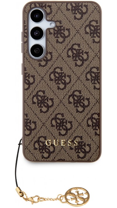 Coque Samsung Galaxy A35 5G - Guess toile similicuir monogramme logo métallique doré avec pendentif charm - Brun