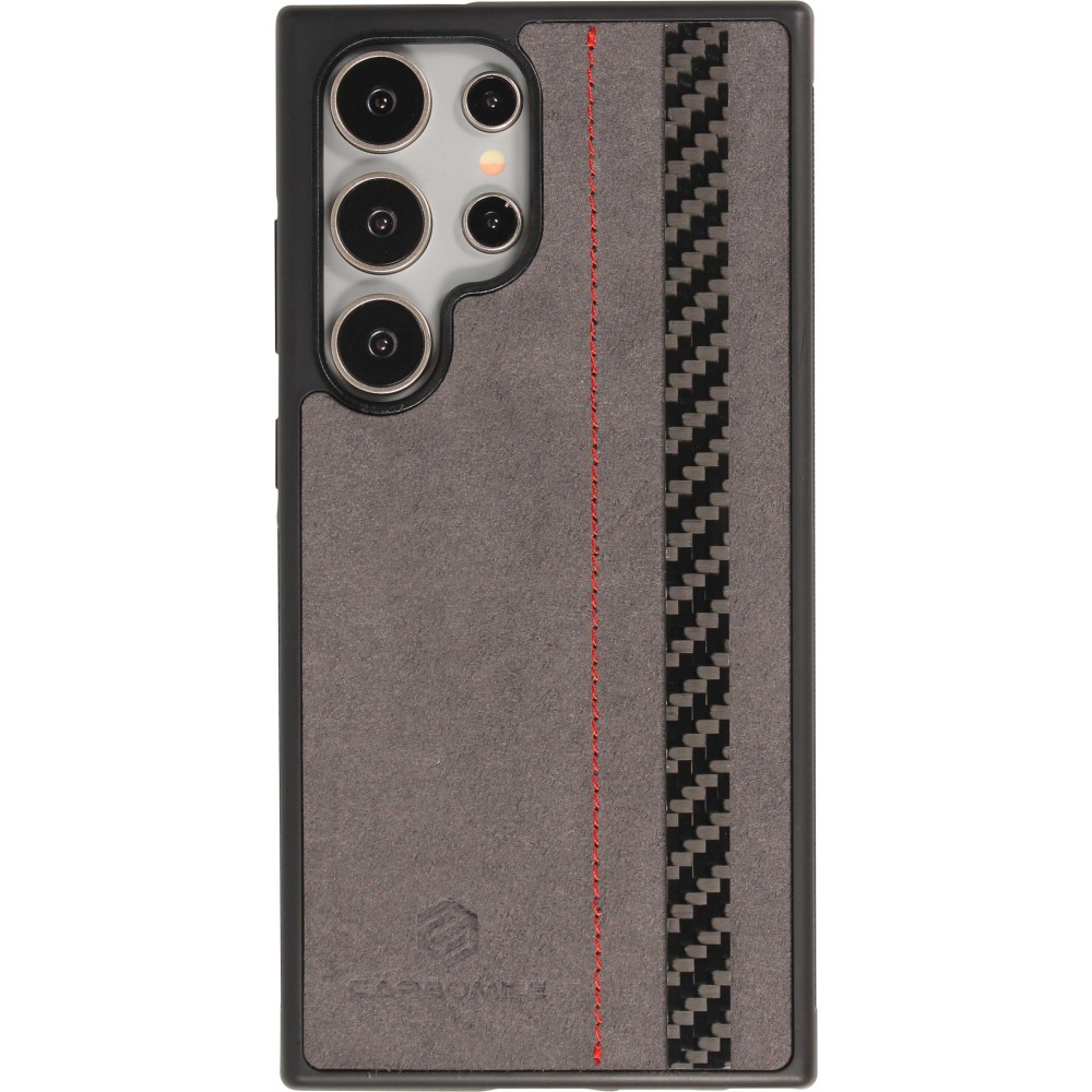 Coque Samsung Galaxy S24 Ultra - Carbomile alcantara et carbone avec surpiqûres rouges (compatible MagSafe)