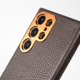 Coque Samsung Galaxy S24 Ultra - Cuir de veau luxe grain&eacute; int&eacute;gral avec boutons m&eacute;talliques et MagSafe - Brun fonc&eacute;