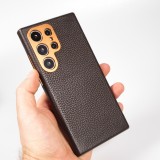 Coque Samsung Galaxy S24 Ultra - Cuir de veau luxe grain&eacute; int&eacute;gral avec boutons m&eacute;talliques et MagSafe - Brun fonc&eacute;