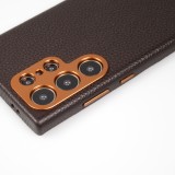 Coque Samsung Galaxy S24 Ultra - Cuir de veau luxe grain&eacute; int&eacute;gral avec boutons m&eacute;talliques et MagSafe - Brun fonc&eacute;