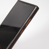 Coque Samsung Galaxy S24 Ultra - Cuir de veau luxe grain&eacute; int&eacute;gral avec boutons m&eacute;talliques et MagSafe - Brun fonc&eacute;