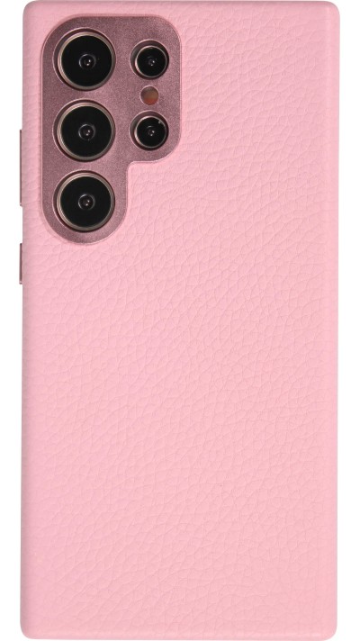 Galaxy S24 Ultra Case Hülle - Vollständig genarbtes Luxuskalbsleder mit Metallknöpfen und MagSafe - Rosa