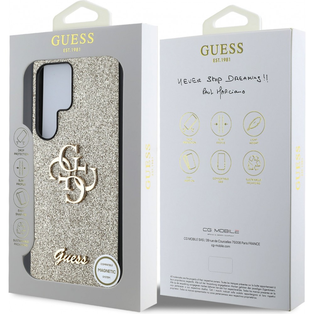 Coque Samsung Galaxy S25 Ultra - Guess m&eacute;tal logo 4G glitter strass - Or