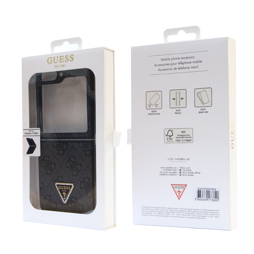 Coque Samsung Galaxy Z Flip5 - Guess monogramme similicuir logo métal et strass - Noir