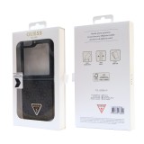 Coque Samsung Galaxy Z Flip5 - Guess monogramme similicuir logo métal et strass - Noir