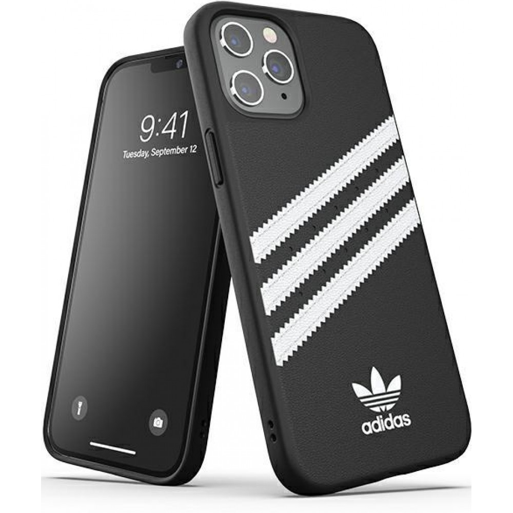 iPhone 12 Pro Max Case Hülle - Adidas Gazelle Style Kunstleder aufgenähte weiße Streifen und Logoprint - Schwarz