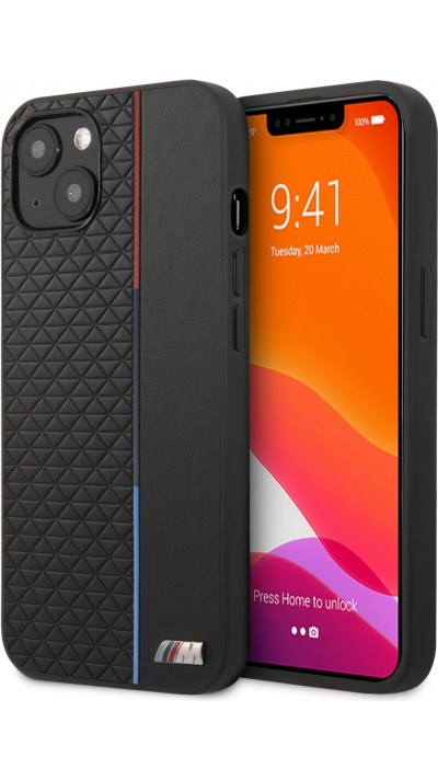 Coque iPhone 13 - BMW similicuir embossé ligne tricolore et logo métallique en relief - Noir