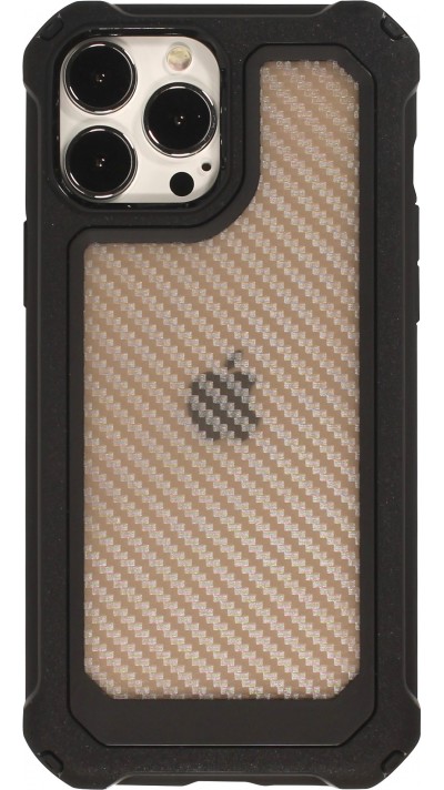 Coque iPhone 14 Pro Max - Cover Military Élite avec dos en carbone semi-transparent - Noir