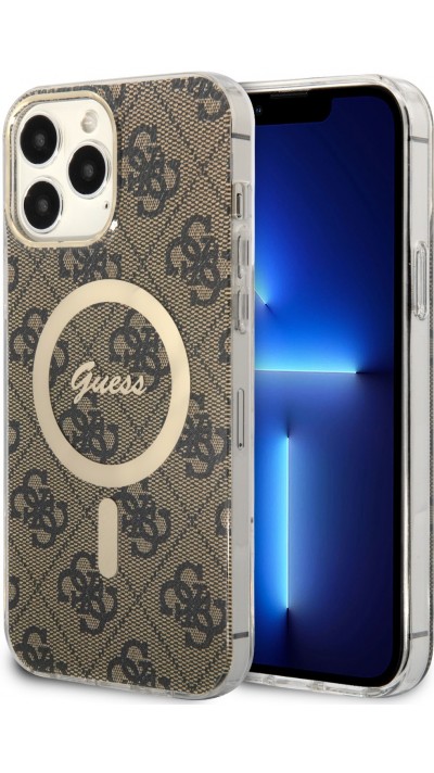 Coque iPhone 13 Pro Max - Guess monogramme laqué avec MagSafe doré - Brun