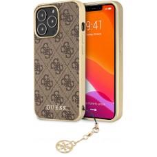 Coque iPhone 13 Pro Max - Guess toile similicuir monogramme logo métallique doré avec pendentif charm - Brun / or