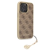 Coque iPhone 13 Pro Max - Guess toile similicuir monogramme logo métallique doré avec pendentif charm - Brun / or