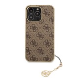 Coque iPhone 13 Pro Max - Guess toile similicuir monogramme logo métallique doré avec pendentif charm - Brun / or